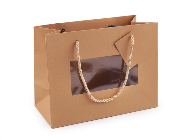 Natural Kraft Paper Gift Bag with Clear Display Window and Cord Handles