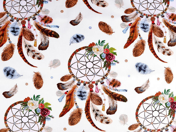 Premium Dreamcatcher Print Cotton Canvas Fabric - White