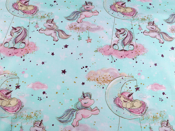 Premium Cotton Canvas Fabric with Shimmering Gold Unicorn Print - Mint