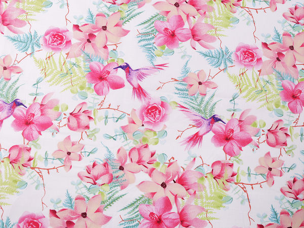 Premium Floral & Hummingbird Print Cotton-Linen Blend Canvas Fabric