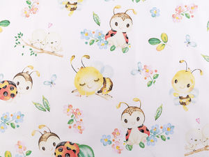 Premium Cotton Canvas Fabric with Ladybug & Bee Motifs - White