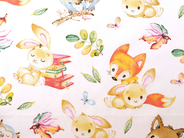 Premium White Cotton Fabric with Whimsical Animal Print - Soft Children's Motif Material for Bedding, Nursery Decor, and DIY Crafts