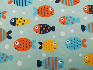 Premium Mint Cotton Fabric - Coarse Linen-Imitation with Fish Motif