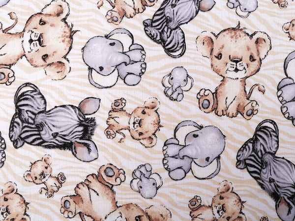 Premium Double-Layer Cotton Muslin Fabric - Safari Animals Print (Light Beige)