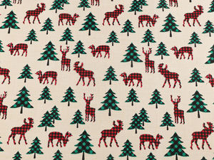 Holiday Christmas Tree and Reindeer Print Imitation Jute Decorative Fabric