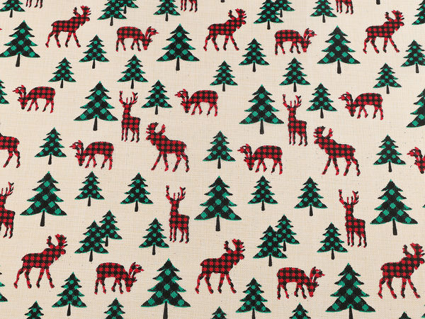 Holiday Christmas Tree and Reindeer Print Imitation Jute Decorative Fabric