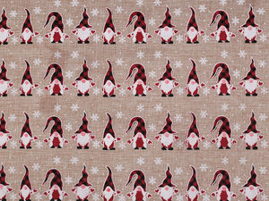 Festive Elf Print Imitation Jute Fabric for Christmas Crafts & Decor - Natural Burlap