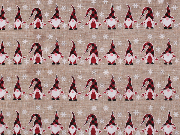 Festive Elf Print Imitation Jute Fabric for Christmas Crafts & Decor - Natural Burlap