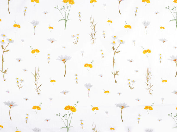 Premium Meadow Flowers Cotton Canvas Fabric - White