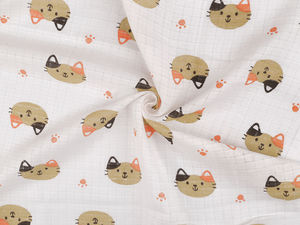 Premium Double-Layer Cotton Muslin Cheesecloth Fabric with Playful Cat Print