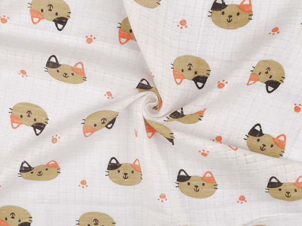 Premium Double-Layer Cotton Muslin Cheesecloth Fabric with Playful Cat Print