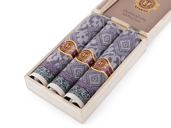 Premium Men's Cotton Jacquard Handkerchief Gift Set - 3-Piece Cigar-Style Wrapped Handkerchiefs in Luxury Wooden Box