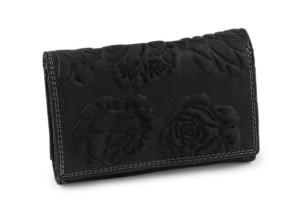 Women's Genuine Leather Wallet with Embossed 3D Floral Design, Multi-Compartment Clutch (10 x 15 cm)