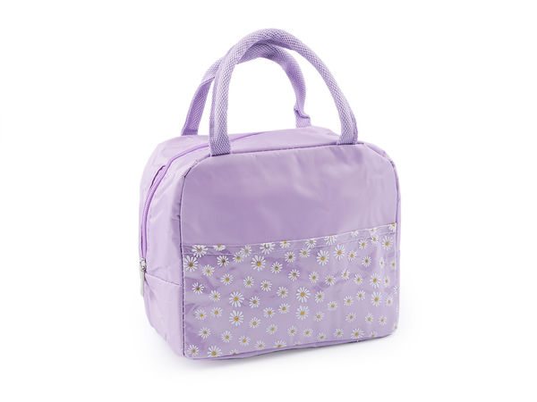 Insulated Thermal Lunch Bag & Snack Tote (19x22 cm) - Foldable Travel Handbag with Stable Base and Floral Glitter Pocket