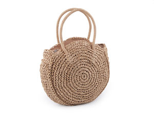 Handmade Crocheted Raffia Round Tote Bag - Premium Boho Summer Beach Handbag with Zipper and Inner Pocket (33 x 37 cm)