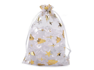 Christmas Organza Gift Bags with Metallic Trees and Stars, Satin Drawstring Holiday Favor Pouch, 10x14.5 cm (White & Gold)