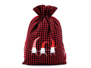 Festive Red Checkered Christmas Elf Gift Bag with Satin Drawstring (20x30 cm)