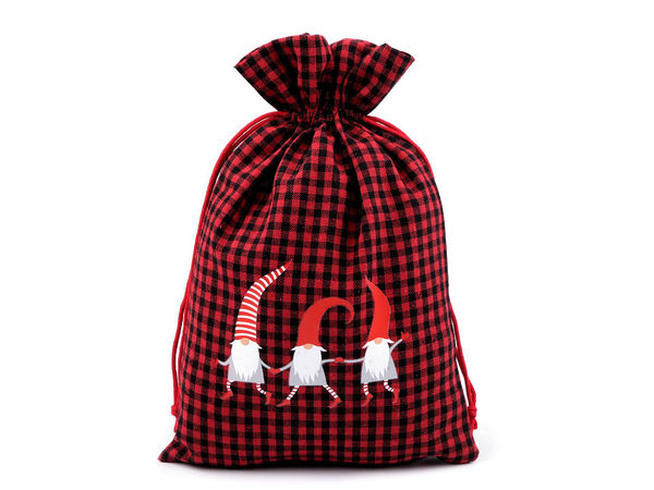 Festive Red Checkered Christmas Elf Gift Bag with Satin Drawstring (20x30 cm)
