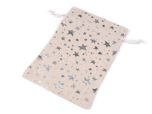 Premium Linen Gift Bag with Metallic Star Print, 20x30 cm - Burlap Silver Drawstring Pouch