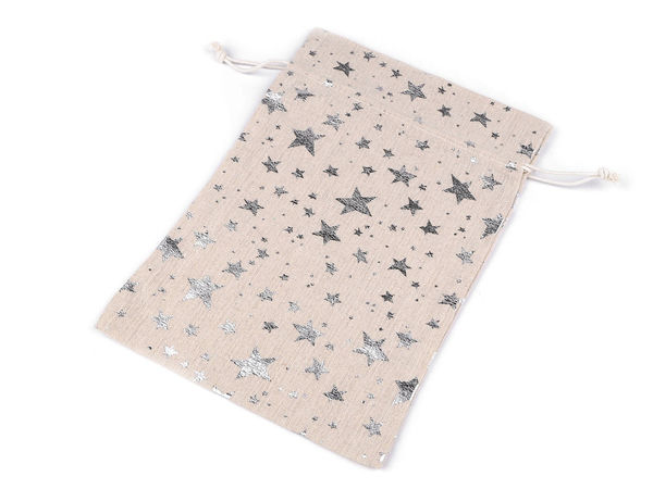 Premium Linen Gift Bag with Metallic Star Print, 20x30 cm - Burlap Silver Drawstring Pouch