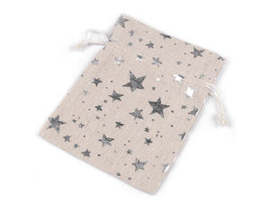 Premium Linen Gift Bag with Metallic Star Print (13x18 cm) - Drawstring Pouch