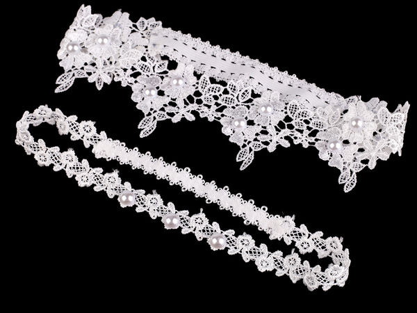 Elegant Floral Lace Wedding Garter Set with Pearl Embellishments - 2-Piece Bridal Keepsake & Toss Garter Set