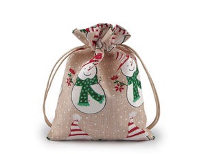 Mini Christmas Drawstring Gift Bag with Glitter Snowman Design - 13x18 cm Jute-Style Holiday Favor Pouch