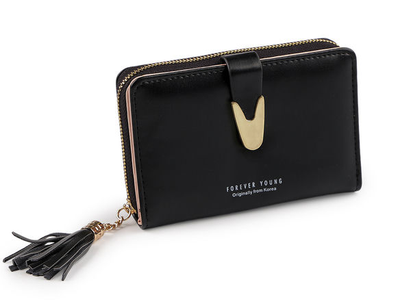 Elegant Women's Compact Wallet with Metal Clasp and Tassel Zipper, 9x13 cm