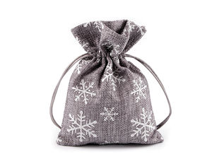 Grey Jute-Imitation Christmas Gift Bag with Glitter Snowflakes and Satin Drawstring (13 x 18 cm)