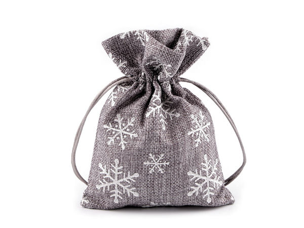 Grey Jute-Imitation Christmas Gift Bag with Glitter Snowflakes and Satin Drawstring (13 x 18 cm)