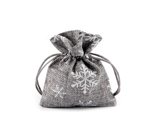 Grey Faux Jute Christmas Gift Bag with Glitter Snowflakes and Satin Drawstring (10x13 cm)
