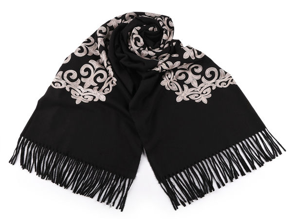 Premium Embroidered Wool Blend Scarf Shawl with Fringes - 70x185 cm