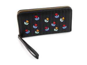 Women's Floral Embroidered Clutch Wallet - Elegant Quilted Zip-Around Organizer with Wristlet Strap