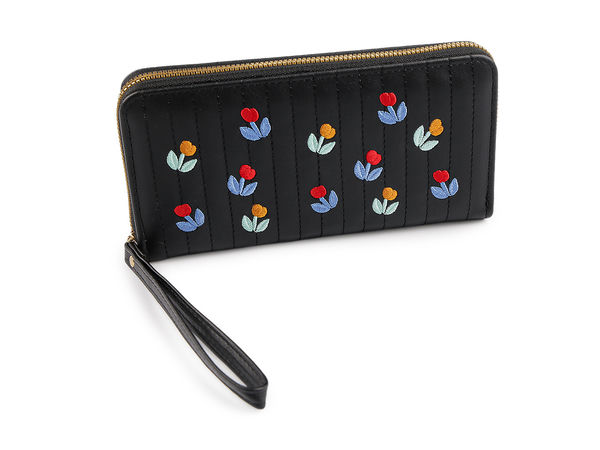 Women's Floral Embroidered Clutch Wallet - Elegant Quilted Zip-Around Organizer with Wristlet Strap