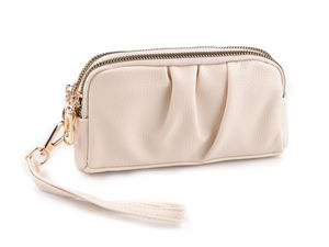 Elegant Eco-Leather Compact Wristlet Clutch - Dual Zip Handbag with Removable Hand Strap