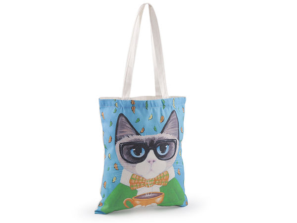 Eco-Friendly Cotton Tote Bag with Cat Motif - Durable Canvas Shoulder Shopper (34x40 cm)