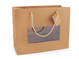 Premium Kraft Paper Gift Bag with Clear Display Window, Braided Cord Handles and Name Tag