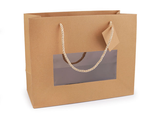 Premium Kraft Paper Gift Bag with Clear Display Window, Braided Cord Handles and Name Tag