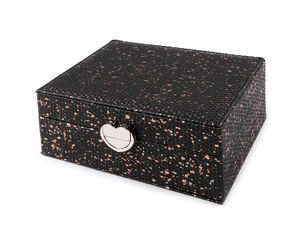 Premium Metallic Cube-Textured Jewelry Box with Heart Clasp - Multi-Compartment Jewelry Organizer with Mirror (15.5x20.5x8 cm)