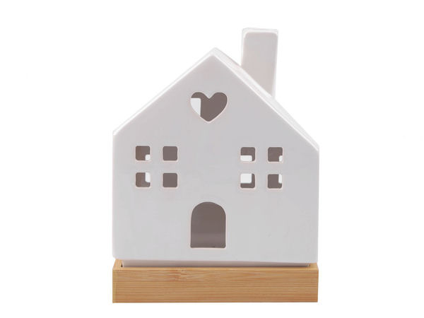 Elegant LED Light-Up Porcelain House Decoration with Bamboo Base - Warm Glow Figurine for Cozy Home Ambiance