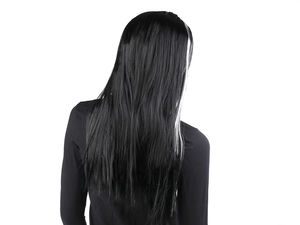 Premium Long Black Carnival Wig with White Accent Strands - Elastic Mesh Cap for Witch, Devil, and Halloween Costumes