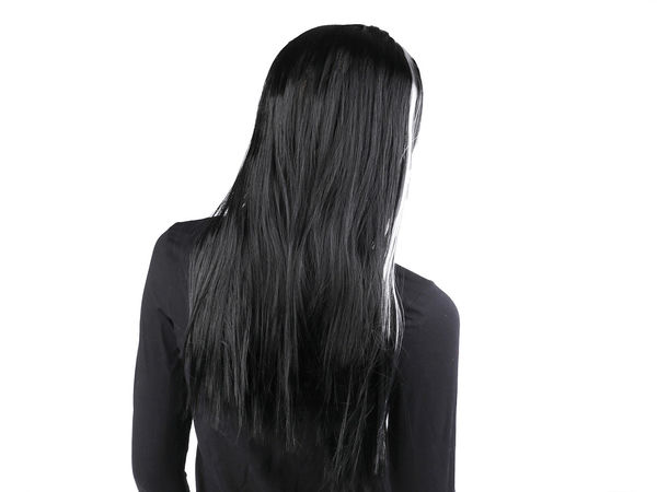 Premium Long Black Carnival Wig with White Accent Strands - Elastic Mesh Cap for Witch, Devil, and Halloween Costumes