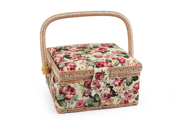 Premium Upholstered Sewing Basket with Removable Organizer Tray and Magnetic Closure