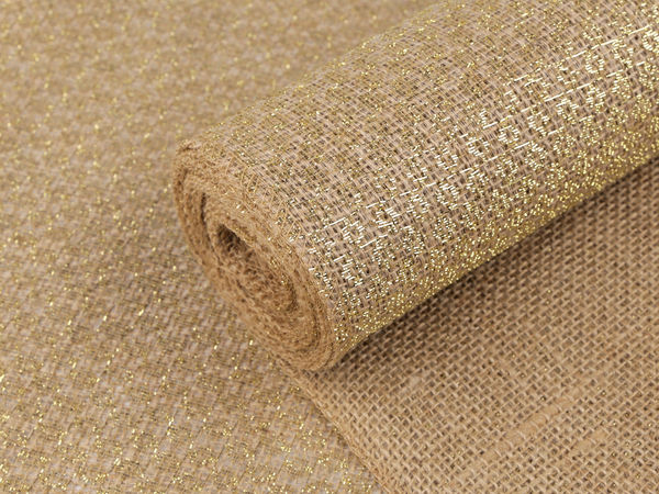 Natural Jute Fabric Roll with Metallic Golden Lurex - 30 cm Width with Sewn Edges