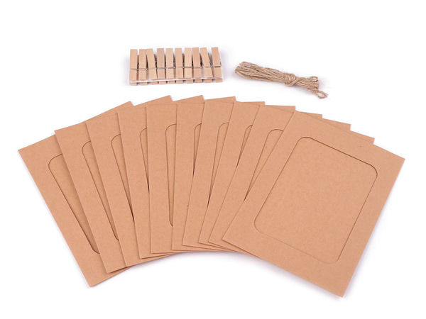 DIY Paper Photo Frame Set with Wooden Pegs and Jute String (10 Pieces) - Hanging Picture Display for Postcards and Photos