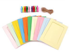 DIY Paper Photo Frame Set with Wooden Pegs and Jute String (10 Pieces) - Hanging Picture Display for Postcards and Photos