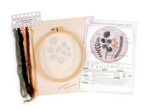 Premium Botanical Embroidery Kit - Pre-Printed Floral & Meadow Motif with Hoop, Needles, and Mouline Yarn