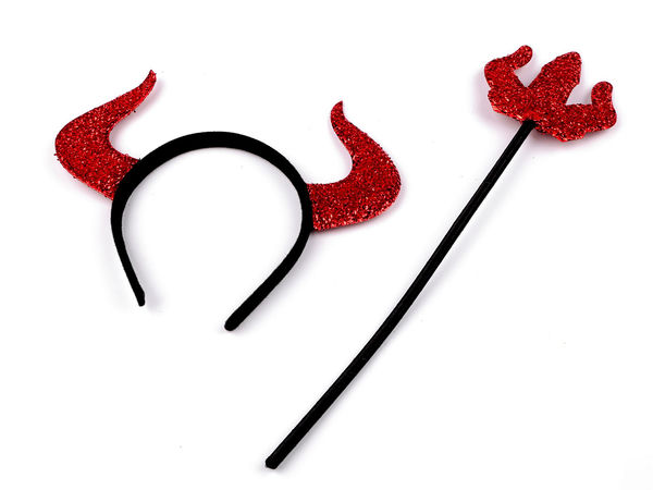 Premium Red Devil Costume Accessory Set - Sparkling Horns Headband and Scepter Wand