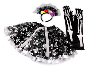 Kids Skeleton Halloween Costume Set - Black Tulle Skirt with Metallic Skull Print, Lace Floral Headband & Gloves (3-Piece Dress-Up Kit)