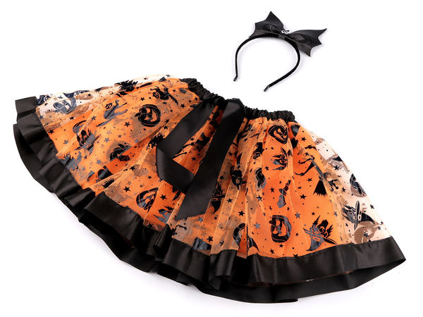 Kids Witch Halloween & Carnival Costume Set - Double-Layer Printed Tulle Skirt and Bat Headband (Orange)